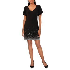 MSK Petite Rhinestone Embellished Flutter-Sleeve Dress Black Size MP